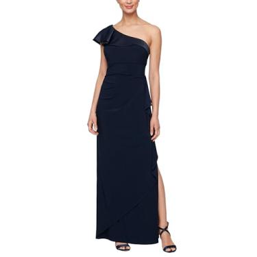 Imagem de Alex Evenings Vestido feminino longo de um ombro único com fenda, perfeito para convidados de casamento, verão ou eventos de primavera, Babado marinho profundo, 48