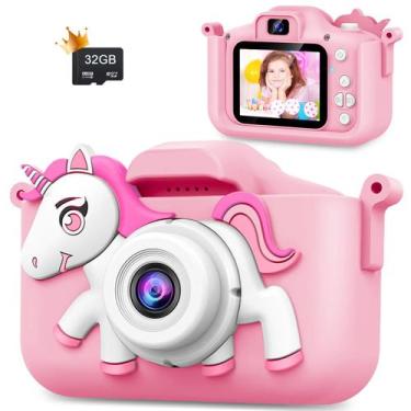 Imagem de Câmera infantil WEOLULI Unicorn, capa de silicone, cartão SD de 32 GB,