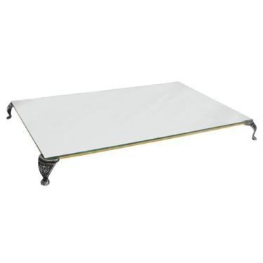 Imagem de Kit 3 Bandeja Clássica Retangular Espelhada Pé Grande Prata Velho 30x1