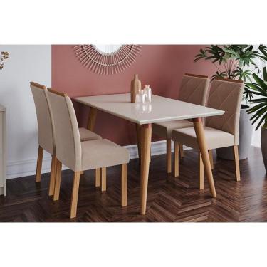 Imagem de Conjunto: Mesa Sala Jantar Adele Madeira Maciça c/ Tampo Madeirado c/ Vidro 130x80cm e 4 Cadeiras Fernanda Madeirado/Off White - Cimol