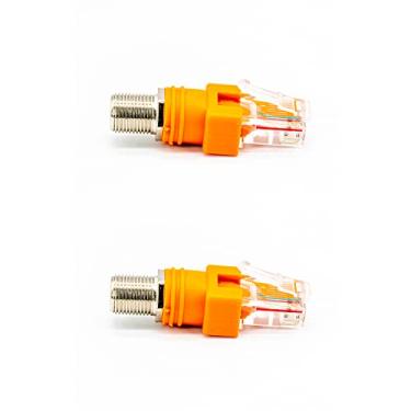 Imagem de keisnoaja 2 peças de adaptador coaxial RJ45 para F conector RF fêmea para macho acoplador de barril coaxial, adaptador de acoplador de barril coaxial reto de 180 graus