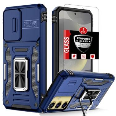 Imagem de FRLMOOES Capa para Samsung Galaxy S24 com protetor de tela, capa de câmera deslizante integrada, com anel de suporte de 360° para S24 capa de telefone à prova de choque antiarranhões de grau militar