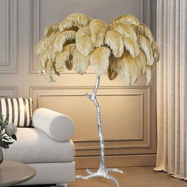 Imagem de Lâmpada de pé de resina com corpo de lâmpada prateada Lâmpada de piso de pena de avestruz natural, lâmpada de pé simples regulável em 3 cores, luminária moderna para quarto, sala de estar