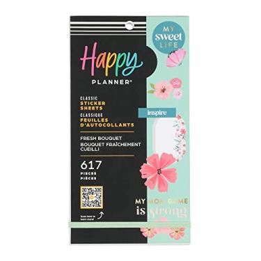 Imagem de Pacote de adesivos Happy Planner para calendários, diários e agendas, acessórios multicoloridos para scrapbook, tema de buquê fresco, tamanho clássico, 30 folhas, 617 adesivos no total