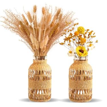 Imagem de ZENS Conjunto de 2 Vasos de Vime Estilo Boho, Vaso de Vidro para Flores com Capa de Vime Trançada À Mão para Capim-Dos-Pampas, Vasos Artísticos Estilo Boho Country para Decoração d (2, Padrão Cruzado)