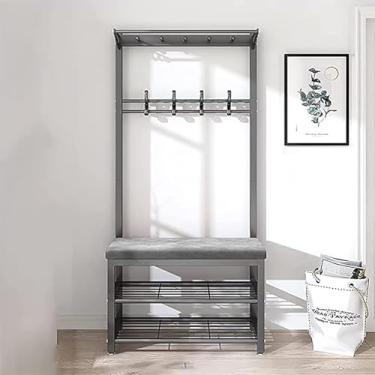 Imagem de Cabideiro, sapateira 4 em 1 para entrada, banco de entrada, móveis com almofada macia e haste de pendurar, árvore rústica moderna e industrial