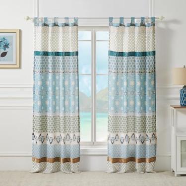 Imagem de Greenland Home Cortinas Thalia Fashions – Embelezadas em veludo – camadas superiores com abas – Conjunto de 2 painéis de janela com laços – Cada painel 213 cm C x 106 cm L, azul