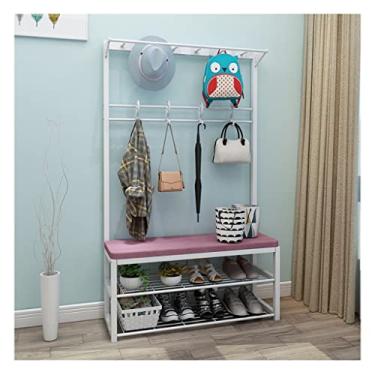 Imagem de Cabide de entrada com banco de sapatos, organizador de cabide de casaco com suporte de cabide resistente de árvore de corredor, sapateira de 2 camadas e banco de armazenamento com 14 ganchos