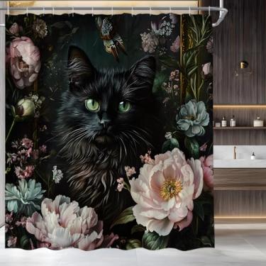 Imagem de AMFD Cortina de chuveiro preta floral gato engraçado gatinho animal de estimação boho flor silvestre botânica vintage conjunto de tecido decorativo inclui ganchos, (177.8 cm WX70 H)