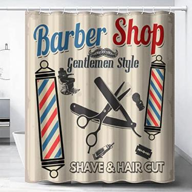 Imagem de Cortina de chuveiro de tecido para barbearia, corte de cabelo vintage e barbearia, decoração de salão de beleza, qualidade de hotel, lavável na máquina, 183 x 183 cm para banheiro.