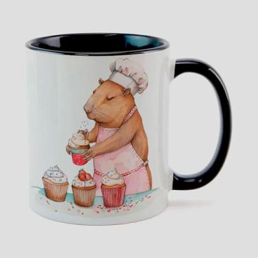 Imagem de Caneca Branca com Alça e Interna Preta de Porcelana 325ml CAPIVARA MAMAE BOLO 4