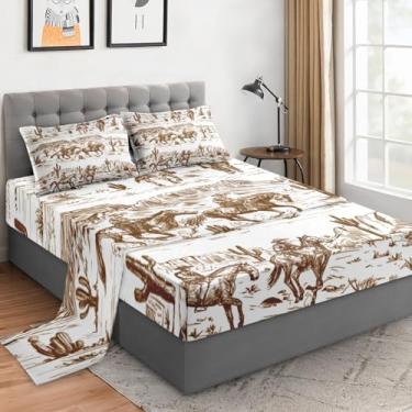 Imagem de WeCozy Jogo de lençol solteiro com fronhas, caubói do deserto americano, 3 peças, roupa de cama de microfibra macia para crianças e adultos, lençol com elástico para decoração de cama de quarto