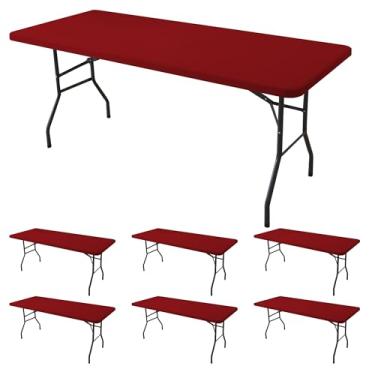 Imagem de Enjoyidea Toalha de mesa ajustada para mesas retangulares de 1,8 m - pacote com 6 toalhas de mesa vermelhas elásticas para piquenique ao ar livre - toalhas de mesa dobráveis elásticas de elastano 1,8
