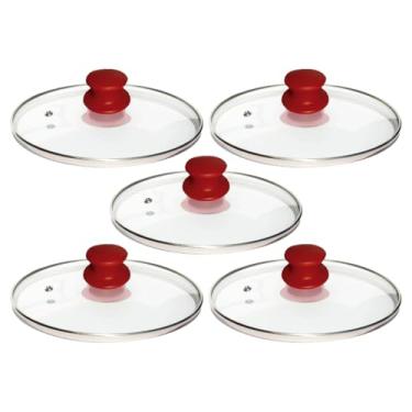 Imagem de Kit 5 Tampa De Vidro Temperado 16 Cm Para Panelas E Frigideiras Pomel Puxador de Plástico ou Madeira (Pomel de baquelite vermelho)