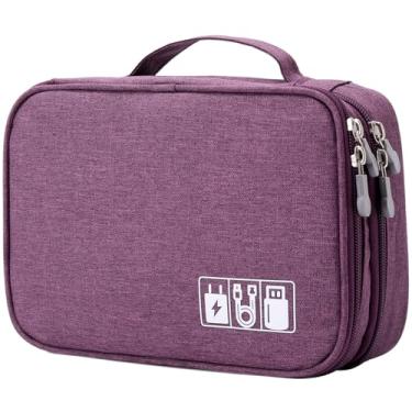 Imagem de Mygreen Electronics Bolsa organizadora de viagem, bolsa de armazenamento universal de duas camadas para equipamentos de viagem para iPad, Mini cabos, adaptador de carregadores de telefone, disco rígido e mais roxo