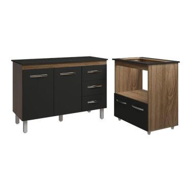 Imagem de Balcão Armário Gabinete Bruna 118 Cm Preto Com Tampo Preto E Balcão Evelyn Para Cooktop 5 Bocas Preto
