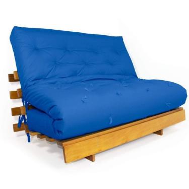 Imagem de Sofá Cama Casal Futon Tokio Azul Royal Madeira Maciça Grapia Cor Natural