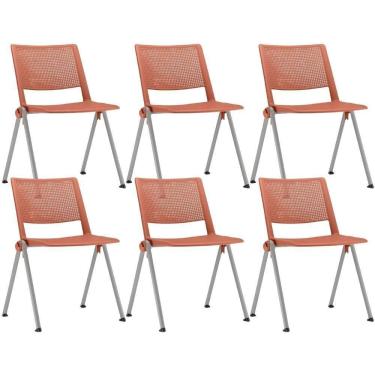 Imagem de Kit 06 Cadeiras Empilhável Fixa Lift F02 Base Aço Cinza Laranja - Lyam Decor