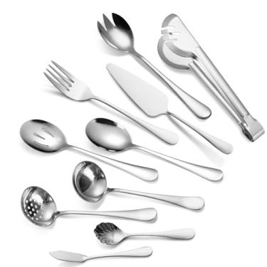Imagem de A · HOUSEWARE Conjunto de utensílios de servir de aço inoxidável, 10 peças, talheres buffet, talheres com pinça de pão, espátula de bolo, conchas de servir, garfo de salada, faca de queijo, colher