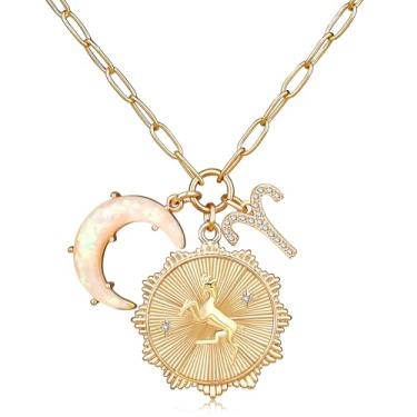 Imagem de MISS RIGHT Colar de moedas de signo do zodíaco de ouro com pingente de lua crescente de opala para mulheres meninas da moda, corrente delicada de clipe de papel de ouro 12 colares de horóscopo de constelação colares de astrologia joias presentes, 18.11 inches, Gema, Zircônia cúbica