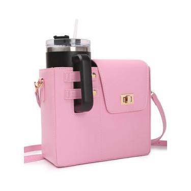Imagem de Gugxiom Bolsa de armazenamento de copo de água transversal portátil ao ar livre, bolsa tiracolo com copo Stanley, acessórios para copos Stanley, bolsa de armazenamento transversal para mulheres (rosa)