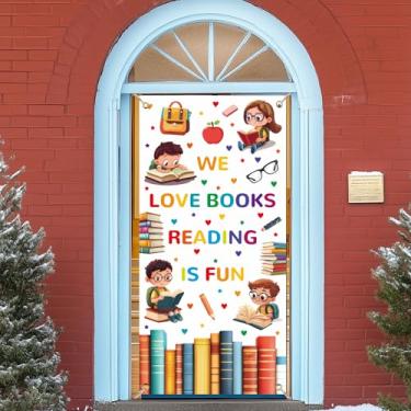 Imagem de arricraft 1 capa de porta com tema de leitura, personagens de desenho animado, lápis, óculos, faixa de livro, pano de fundo para porta, parede, varanda, decoração interna e externa, 90 x 185 cm
