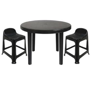 Imagem de Mesa Redonda Desmontável de Plástico 94cm Preta + 2 Banquetas Com Encosto