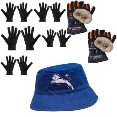 Imagem de Luva Básica, Luva de Moto Forrada, Chapeu Bucket - Kit's (5 Luva Preta + 2 Luva de Moto Laranja + 1 Chapeu Azul)