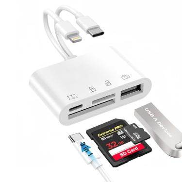Imagem de Leitor de cartão de memória USB C e Lightning para SD, duas portas, adaptador de cartão de memória 4 em 1 para iPhone/Android com porta USB fêmea OTG suporta cartões SD/MicroSD, adaptador de câmera