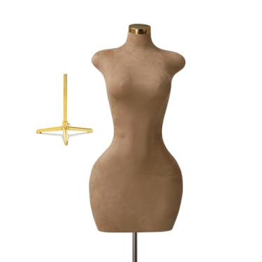 Imagem de Suporte de manequim feminino com cobertura de veludo, manequim plus size com base dourada, modelo curvilíneo de meio corpo, altura ajustável