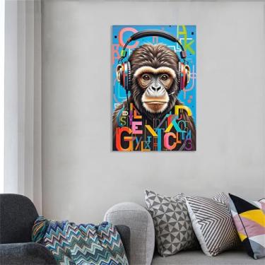 Imagem de SDYJ6GSW Impressão de arte de parede Banksy Macaco colorido com fones de ouvido arte em tela animal para sala de estar escritório decoração de parede emoldurada pronta para pendurar decoração de