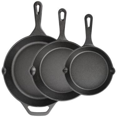 Imagem de Conjunto de 3 frigideiras de ferro fundido, frigideiras de 15 cm, 20 cm, 25 cm, conjunto de panelas pré-temperadas resistentes, para fritar, refogar, cozinhar, pizza e mais, preto