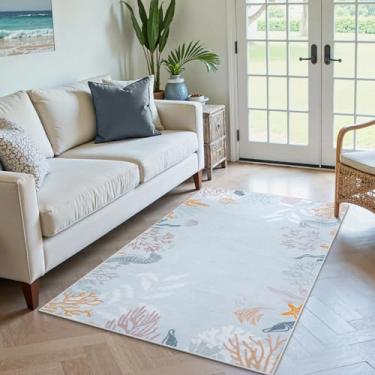 Imagem de Seavish Tapete de área azul costeiro 7,5 x 12,5 cm, pequeno lavável oceano coral para sala de estar, tapete de berçário com tema náutico antiderrapante, tapete de veludo macio para quarto, banheiro