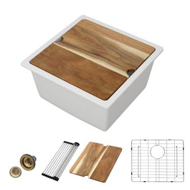 Imagem de Donsdey Pia de cozinha pequena composta de granito, pia de barra úmida com estação de trabalho, quartzo, tigela única semelhante a pedra natural (branco fosco, 45 cm)