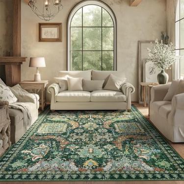 Imagem de Tapete lavável 15 x 23 cm para sala de jogos, tapetes macios para sala de estar, quarto, sala de jantar, casa, escritório, decoração de chão, vintage, grande, tapete resistente a manchas (verde, 1,8 x