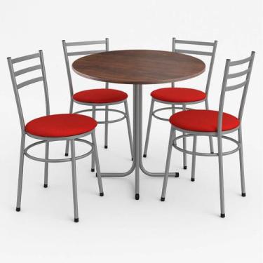 Imagem de Mesa de Jantar Redonda 80cm Imbuia Com 4 Cadeiras Estofada Cinza - Lam