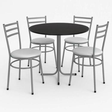 Imagem de Mesa de Jantar Redonda 80cm Preta Com 4 Cadeiras Estofada Cinza - Lama