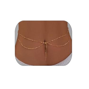 Imagem de Corrente sexy de praia para mulheres, contas de borla de camada dupla, corrente corporal de verão à prova d'água com corrente de umbigo com corrente de barriga ajustável de strass para biquíni para