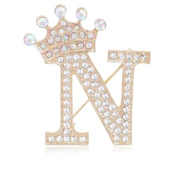 Imagem de Broche de letra inicial com coroa para mulheres, meninas, homens, meninos, broches de nome personalizado, artesanato, broche, colorido, strass, broche, ouro, A-Z, Zircônia cúbica