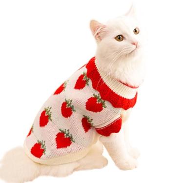 Imagem de ANIAC Suéter de gato com gola rolê de morango, roupas quentes de malha para cães pequenos para meninas, meninos, outono e inverno, roupa de cachorro para clima frio, para chihuahua Yorkie Poodle