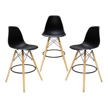 Imagem de Kit 03 Banquetas Cadeiras Alta Com Encosto Alto Para Cozinha Americana Bar Bancada Balcão Restaurante Ilha Area Gourmet Fixa Charles Eames Eiffel Base Madeira