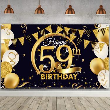 Imagem de Blulu Pôster de placa de tecido dourado preto extra grande para decoração de festa de aniversário para foto de pano de fundo 72,8 x 43,3 polegadas (59º)