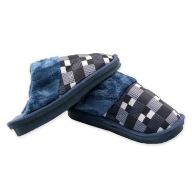 Imagem de Pantufa Masculina Xadrez, Azul Marinho, Tamanho 44/45, 29cm x 11cm, Solado Antiderrapante