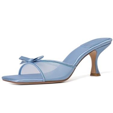 Imagem de Mostrin Salto gatinho feminino bico redondo com laço vintage mules sexy sem cadarço stiletto frente única sandálias para festa diária, Azul#03, 39