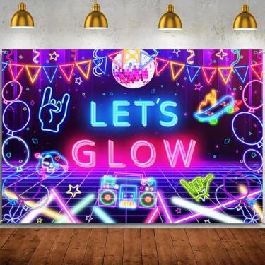 Imagem de Vamos brilhar pano de fundo banner neon que brilha no escuro suprimentos de decorações de festa, neon brilho louco pano de fundo tema louco luz negra discoteca decoração de festa de aniversário fundo