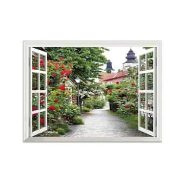 Imagem de Impressões Janela Falsas-Flores vermelhas rua-Paisagem Urbana Pinturas em Tela-Quadro para Decoração Sala de Estar 50x70cm Sem Moldura