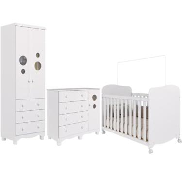 Imagem de Quarto Bebê Completo Berço Americano Uli Guarda Roupas 2 Portas 3 Gavetas Cômoda Bolinha 100% MDF