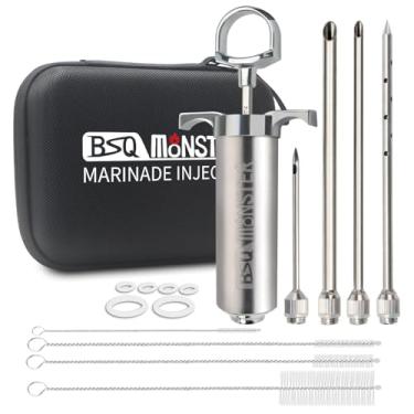 Imagem de Kit de seringa injetor de carne de monstro para churrasco com 4 agulhas de injetor profissional de marinada e estojo de viagem para defumador de churrasco, peru, brisket; capacidade de 60 ml; manual do usuário em papel e e-book (PDF)