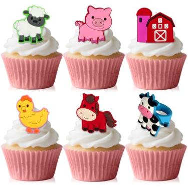 Imagem de 24 peças de topo de cupcake de animais de fazenda anel de cupcake de borracha cavalo vaca fazenda galinha porco ovelha topo de bolo para aniversário chá de bebê celeiro trator tema decoração de festa