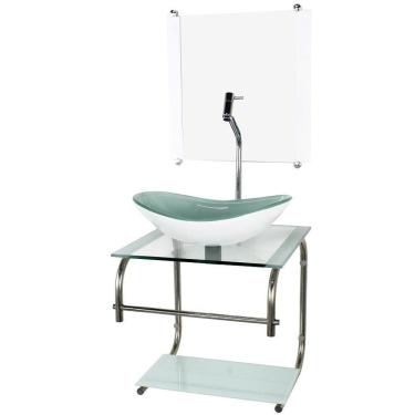 Imagem de Gabinete Oval 40cm Inox Branco - Cuba, Espelho, Prateleira